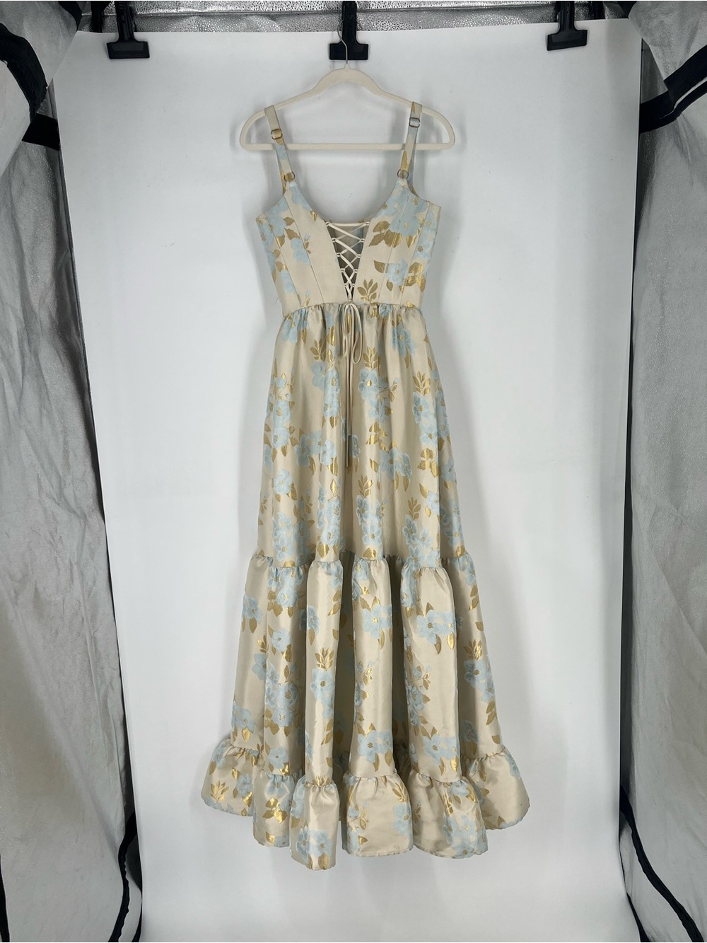 V. Chapman Avery Light Blue Cream Gold Floral Brocade Corset Back Maxi Dress 4 - Picture 5 of 9